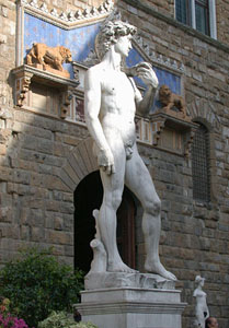 replica of michaelangelo's david in the piazza signoria